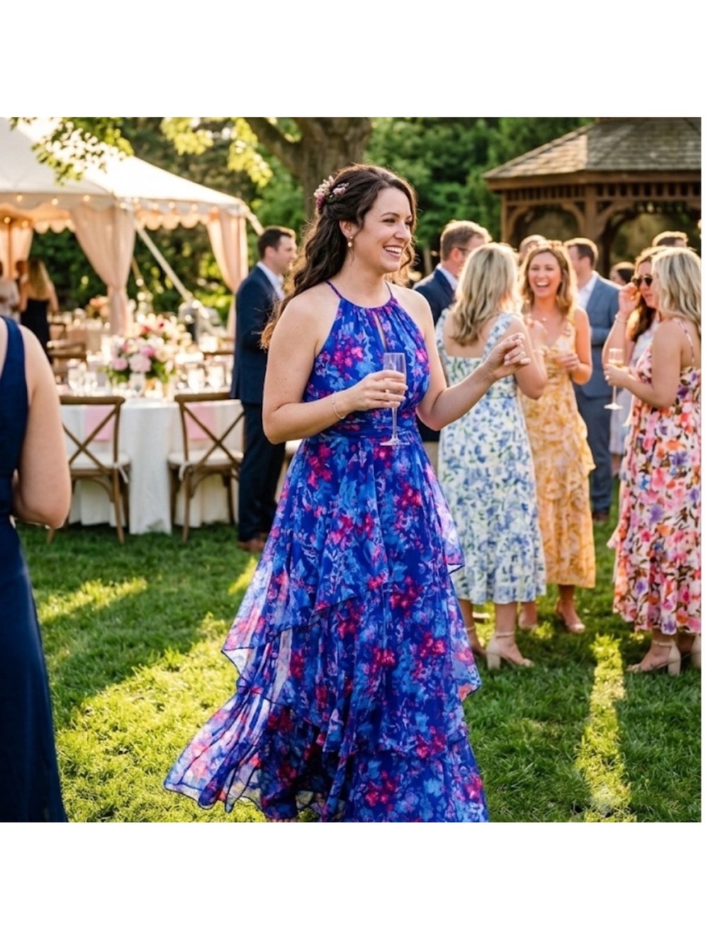 Macy's Floral Halter-Style Maxi Dress- Royal Blue and Pink